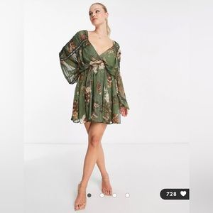 ASOS DESIGN wrap balloon sleeve mini dress with floral print in khaki green